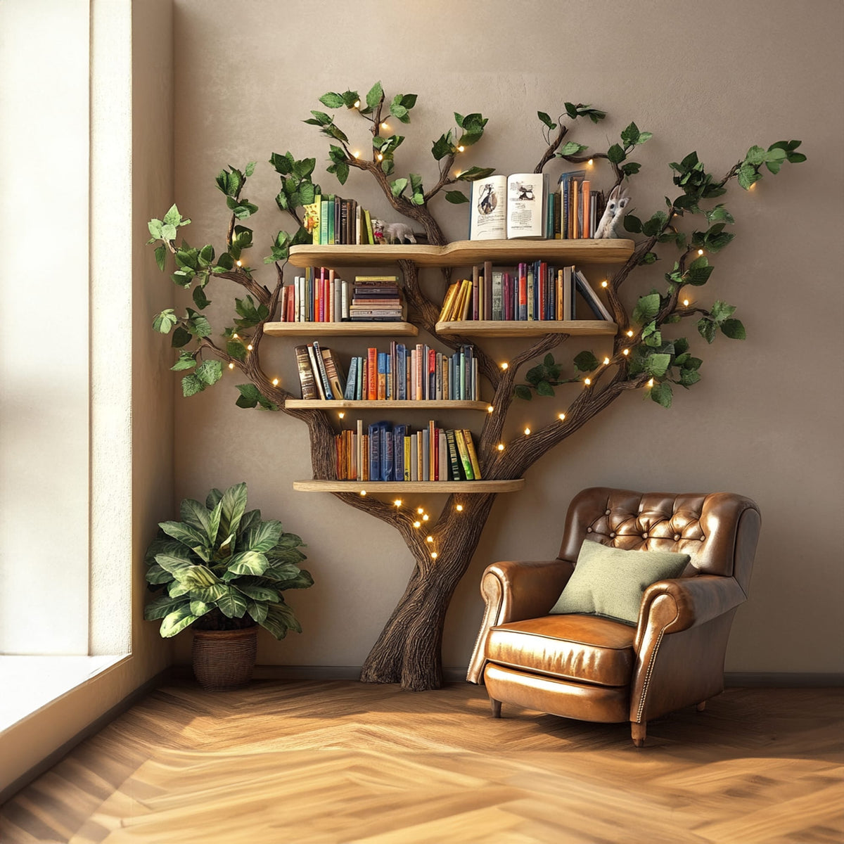Black Tree Bookshelf Floating Shelf Bookcase, solid wood, built to order