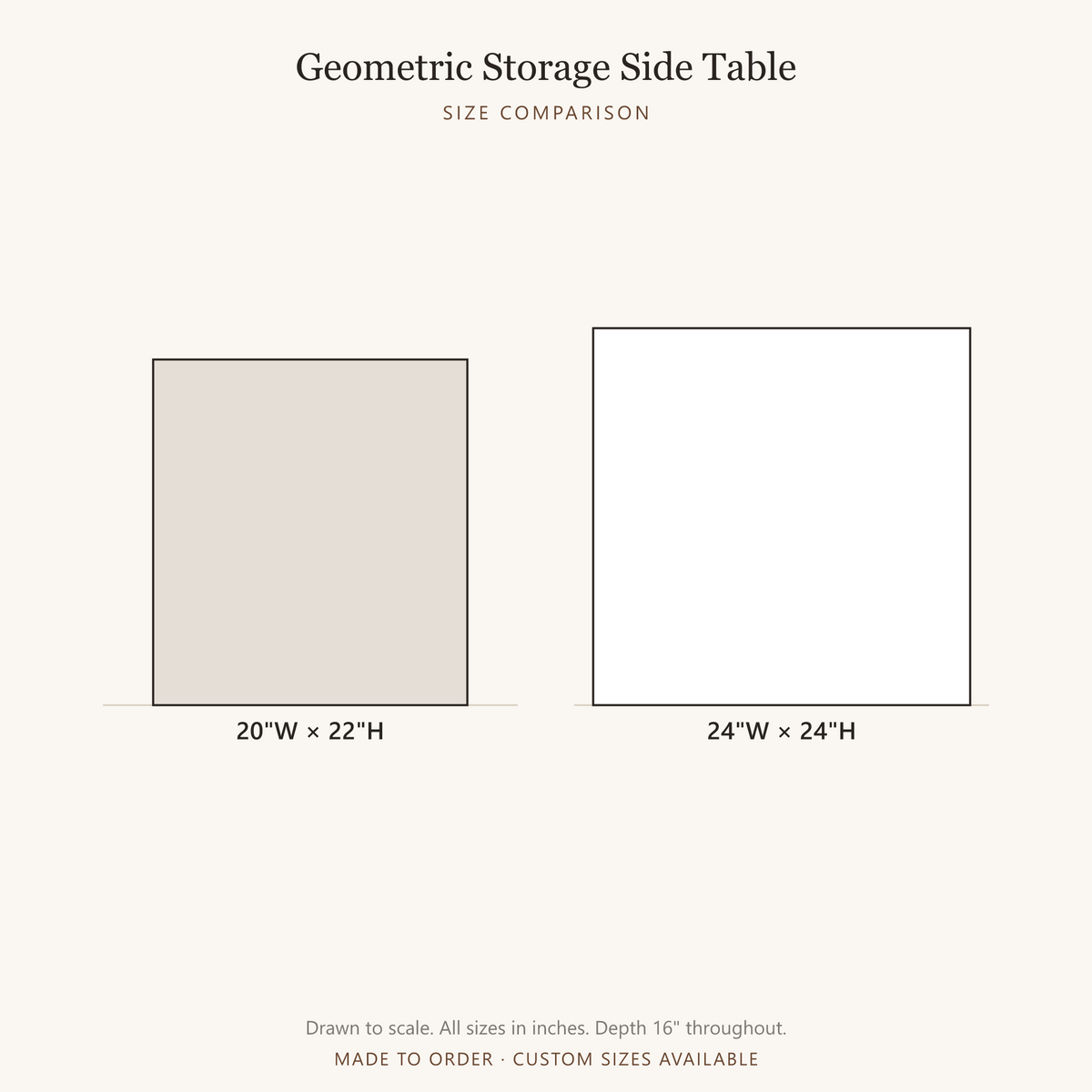 Contemporary Geometric Storage Side Table - size comparison, all available sizes drawn to scale