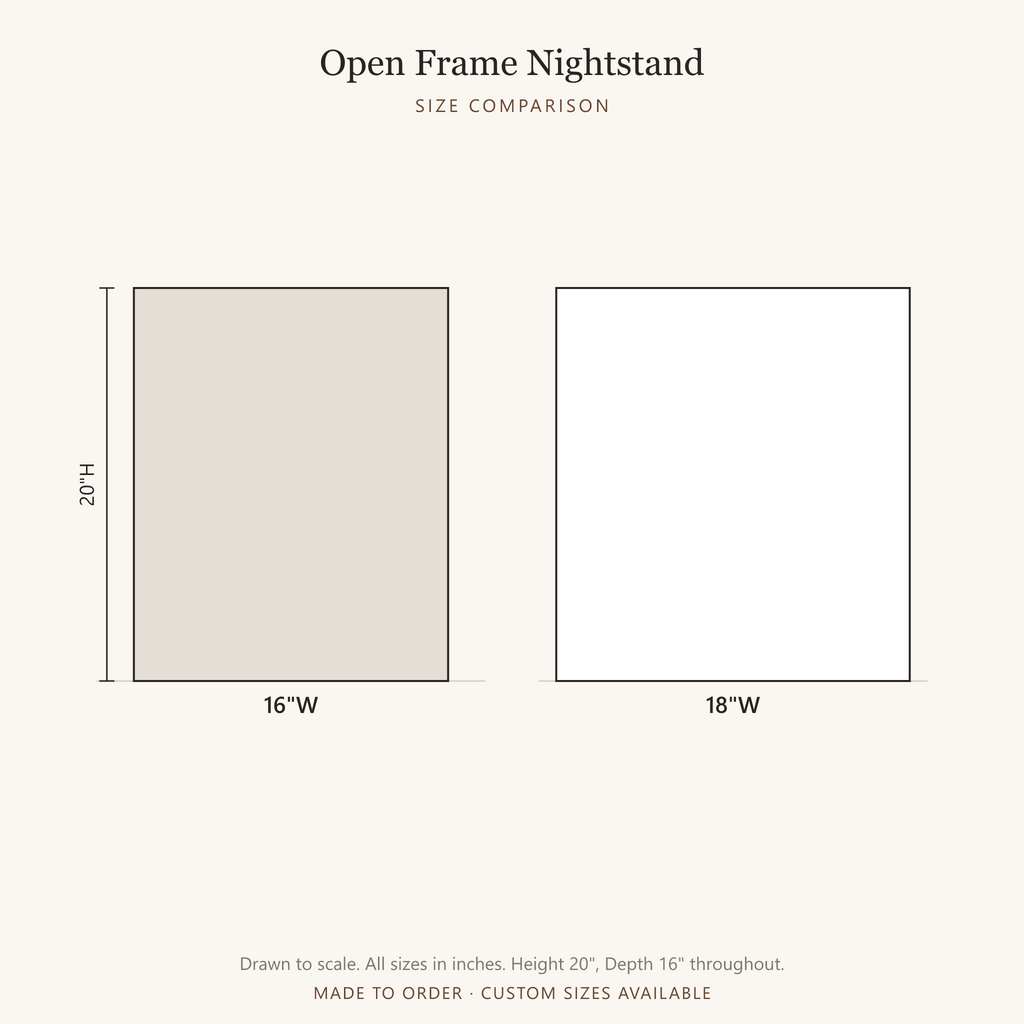 Contemporary Sculptural Open Frame Nightstand - size comparison, all available sizes drawn to scale