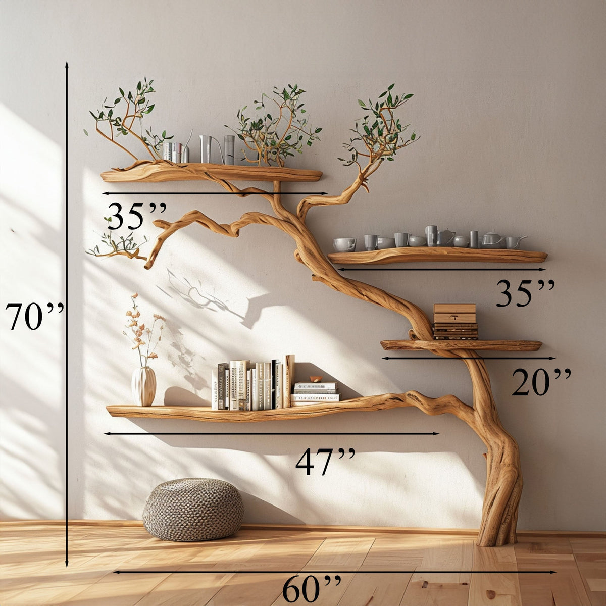 Tree Branch Floating Shelves Montessori Wall Mount Bookshelf, solid wood, built to order