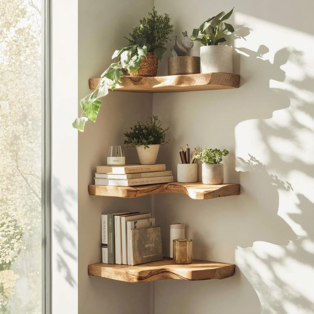 Mid Century Live Edge Corner Shelf, solid wood, built to order
