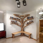 Tree Floating Corner Bookshelf with Corner Bench Lshaped, solid wood, built to order