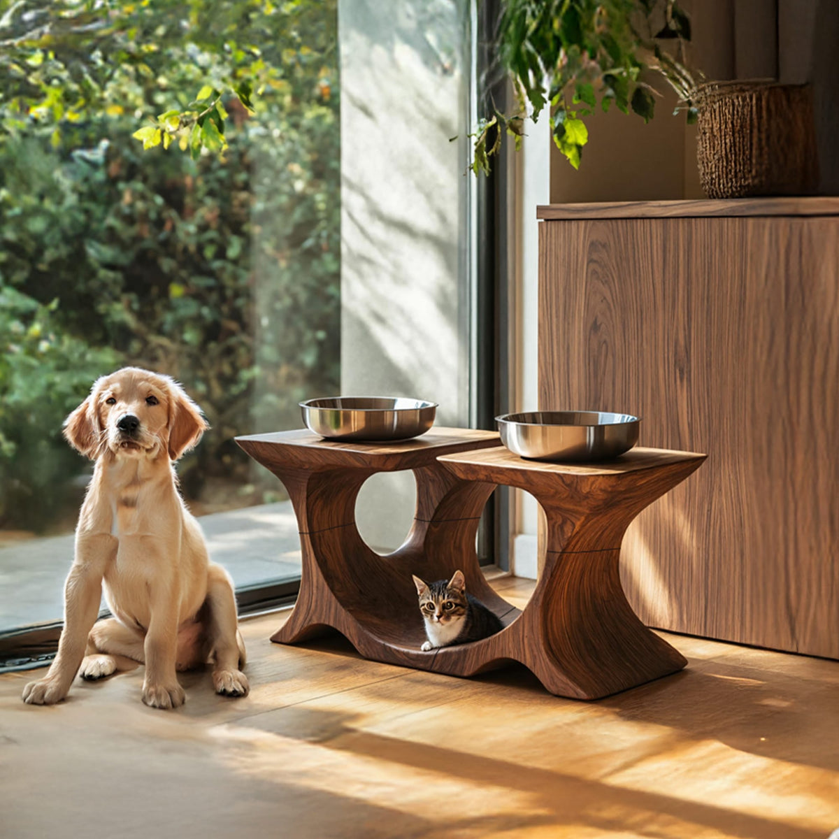 Mid Century Pet Feeding Stand, solid wood, built to order