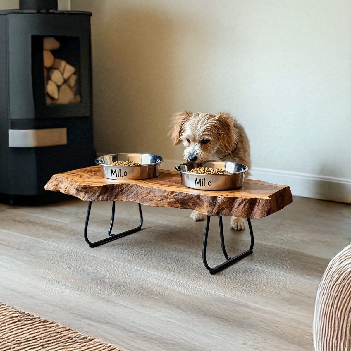 Farmhouse Feeding Stand with Bowl for Small Dogs, solid wood, built to order