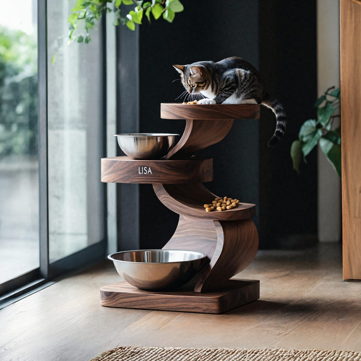 Mid Century Pet Food Bowl Stand, solid wood, built to order