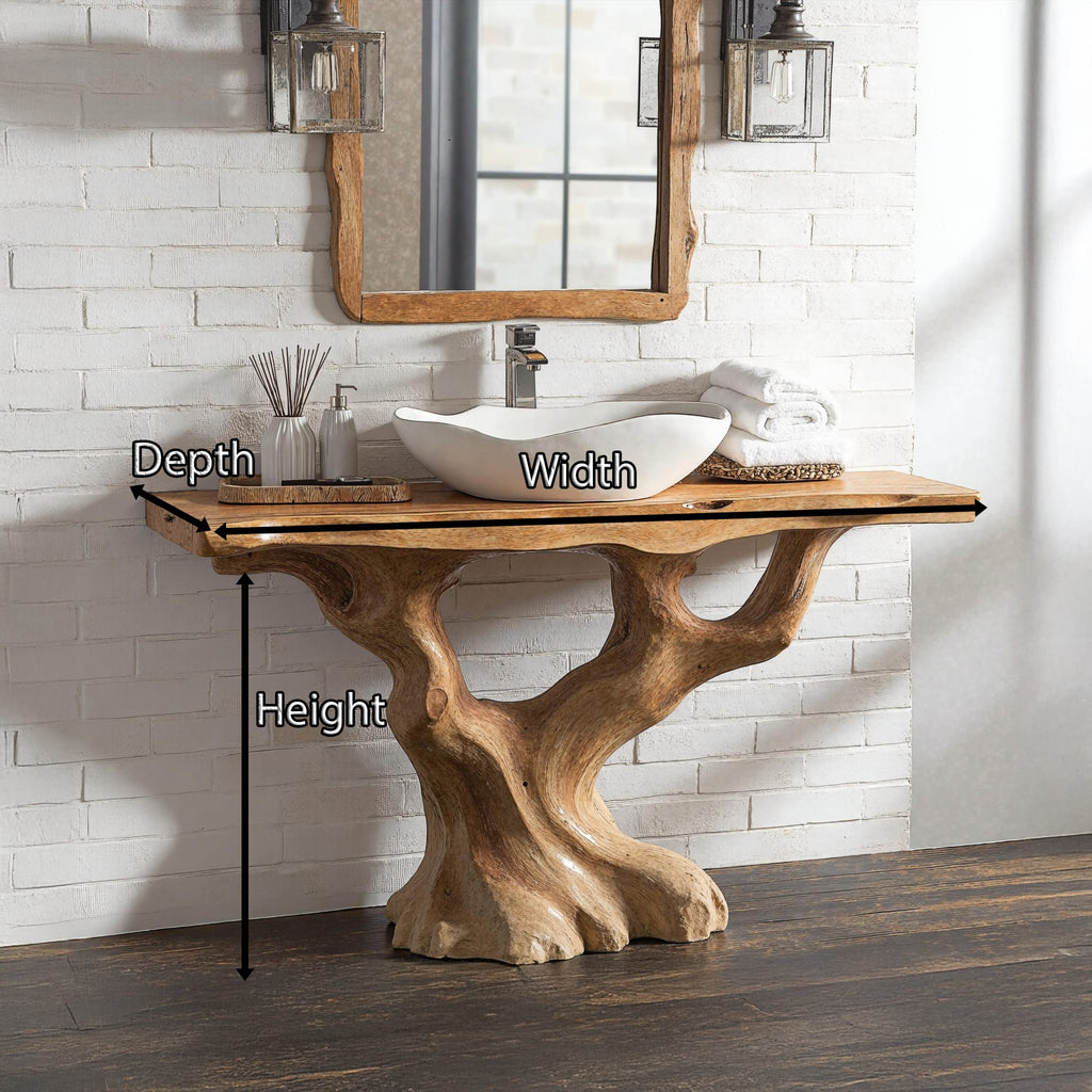 Handcrafted Bathroom Vanity with Tree Trunk Base for Charm, solid wood, built to order