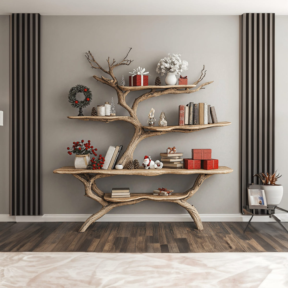Custom Console Table with Driftwood Bookcase Tree Bookshelf, solid wood, built to order