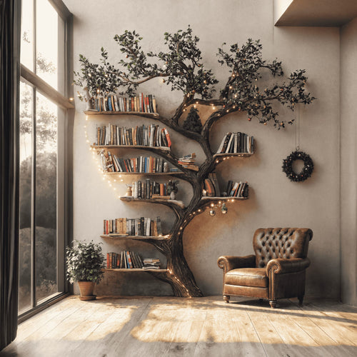 Black Tree Branch Bookshelf Wall Mount Mid Century, solid wood, built to order