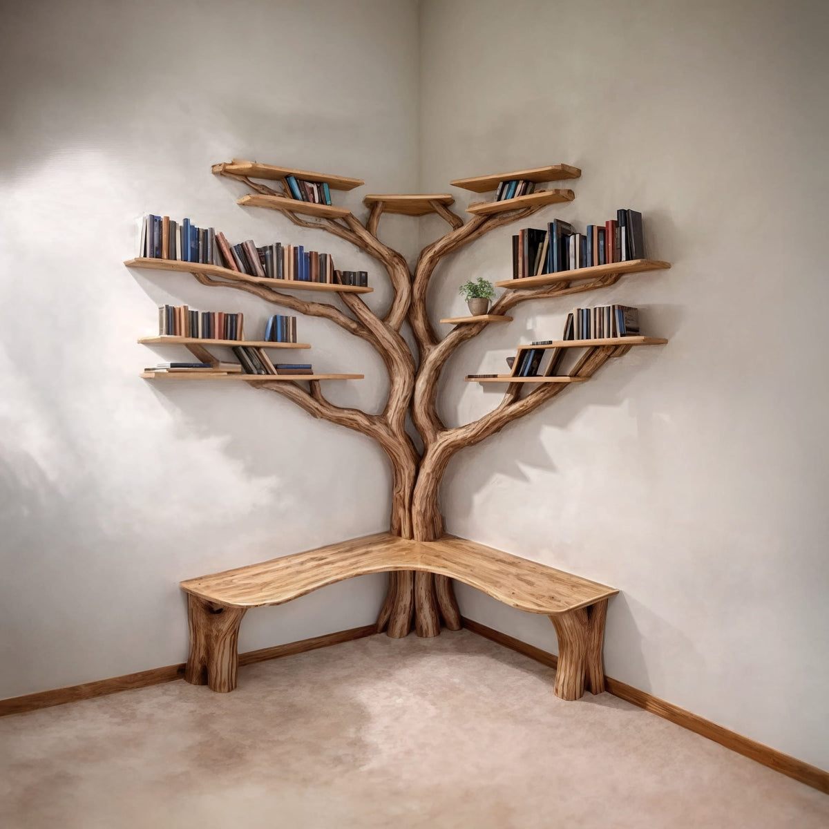 Tree Floating Corner Bookshelf with Corner Bench Lshaped, solid wood, built to order
