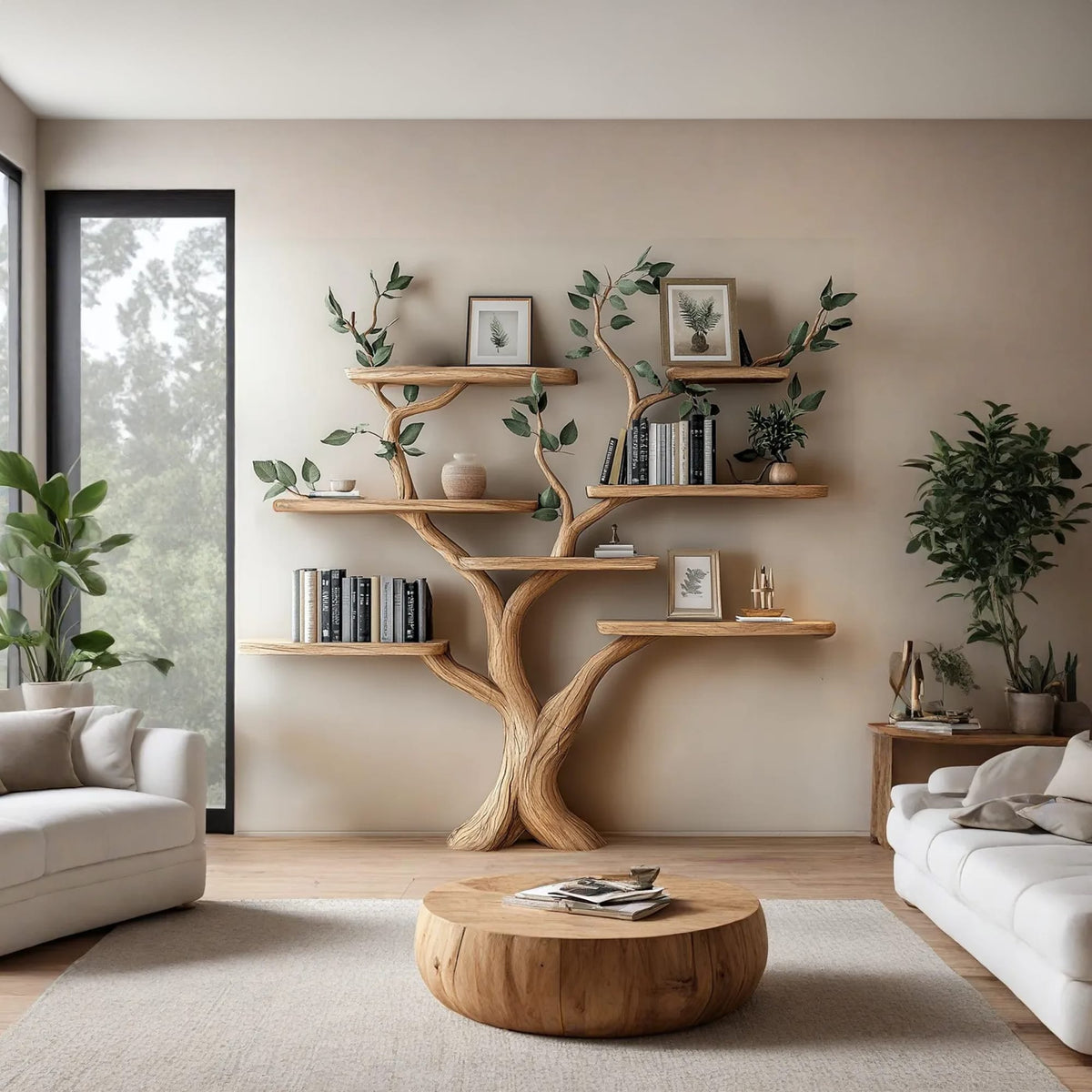 Tree Branch Shelf Fake Leave Solid Bookcase, solid wood, built to order