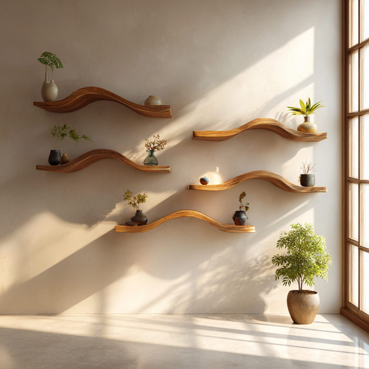 Curved Solid Floating Shelves Organic Living Room Interior, solid wood, built to order