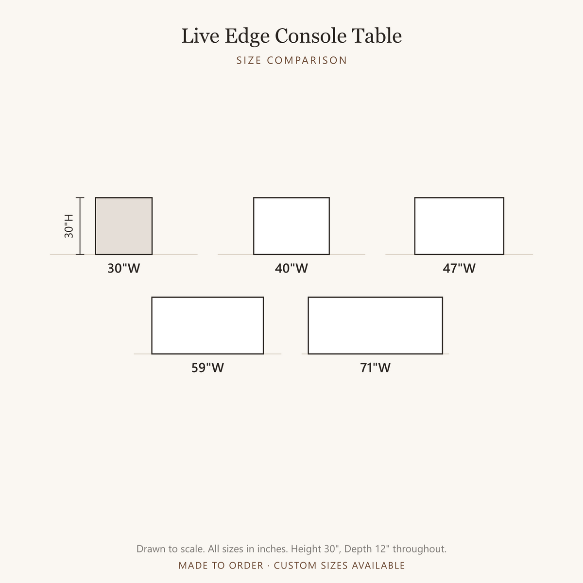 Farmhouse Live Edge Entryway Table, size comparison, all available sizes drawn to scale