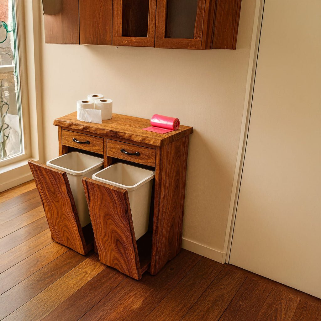 Mid Century Double Tilt Out Trash Cabinet, solid wood, built to order