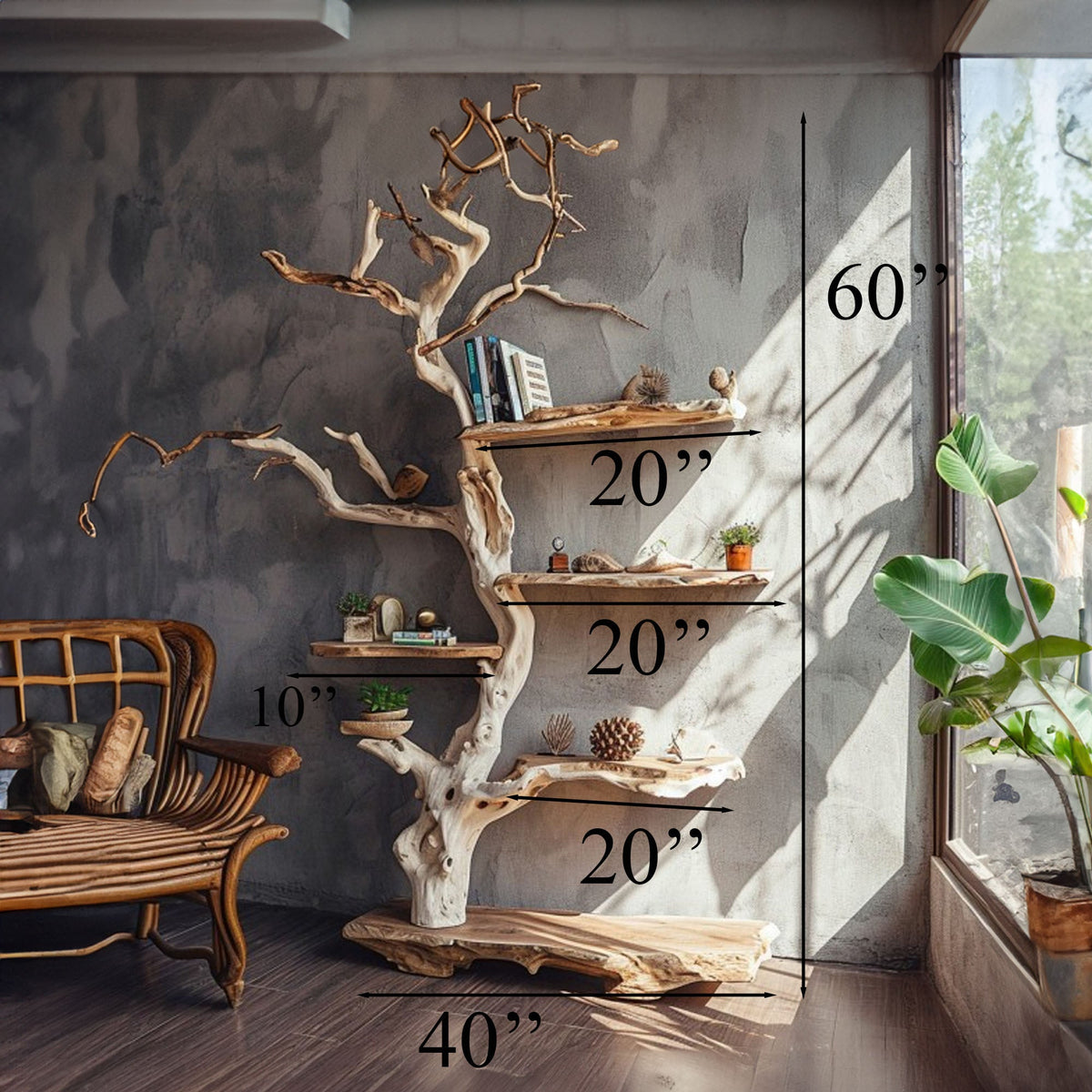Tree Branch Standing Corner Shelf Solid, solid wood, built to order