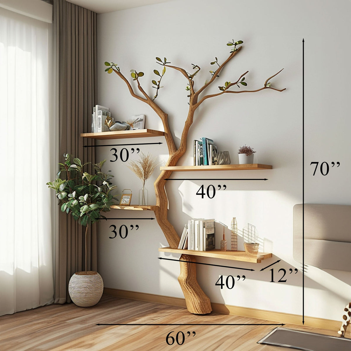Custom Tree Branch Floating Shelves Bookcase, solid wood, built to order