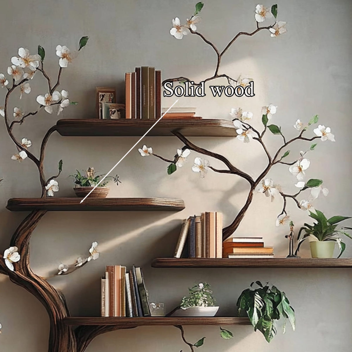 Tree Branch Bookcase Wall Mount Live Edge Shelf Decor Home, solid wood, built to order
