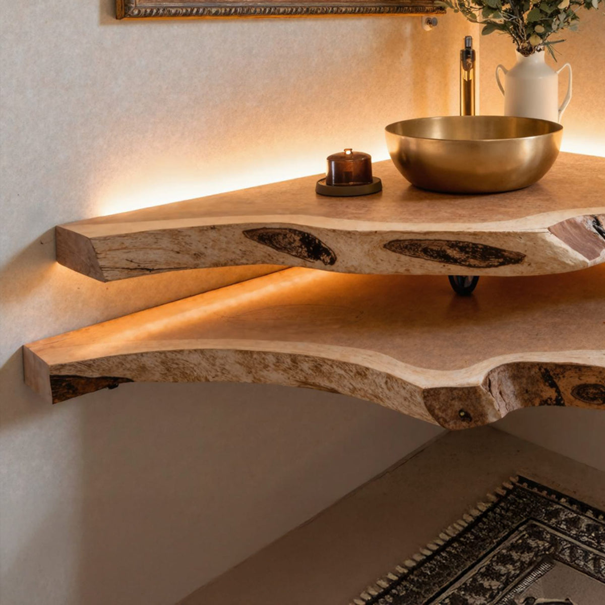 Floating Bathroom Corner Shelf, solid wood, built to order