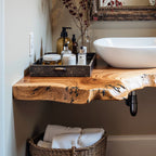 Floating Bathroom Corner Shelf Vanity, solid wood, built to order