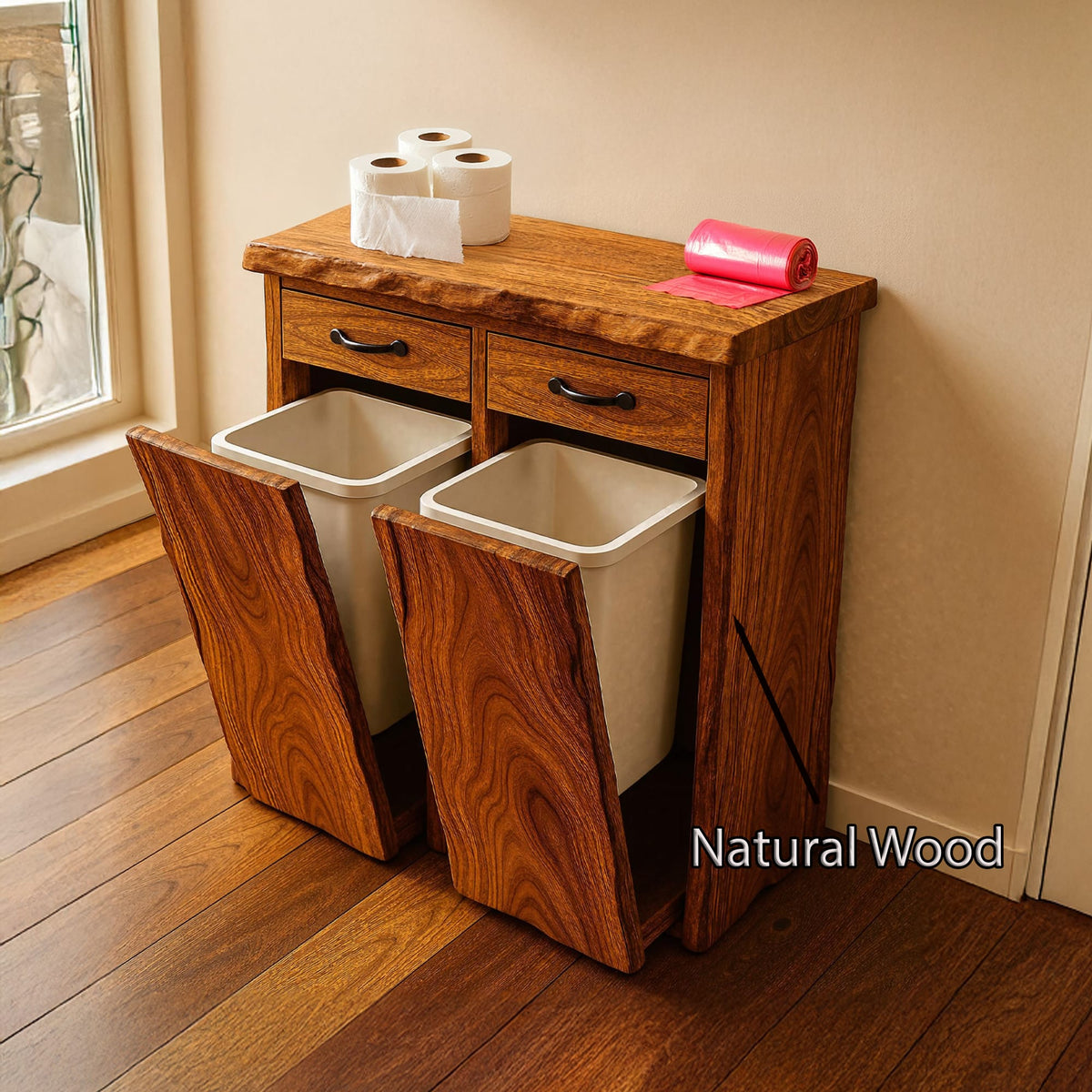Mid Century Double Tilt Out Trash Cabinet, solid wood, built to order