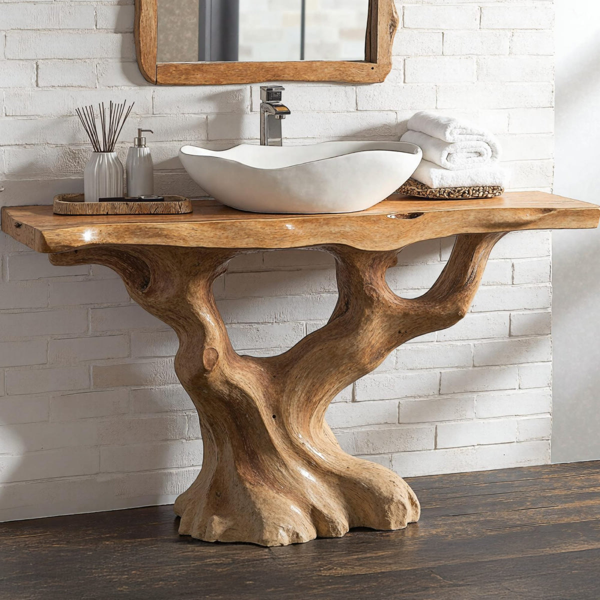 Handcrafted Bathroom Vanity with Tree Trunk Base for Charm, solid wood, built to order