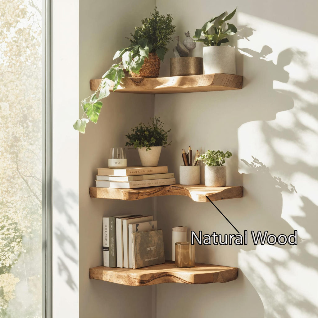 Mid Century Live Edge Corner Shelf, solid wood, built to order