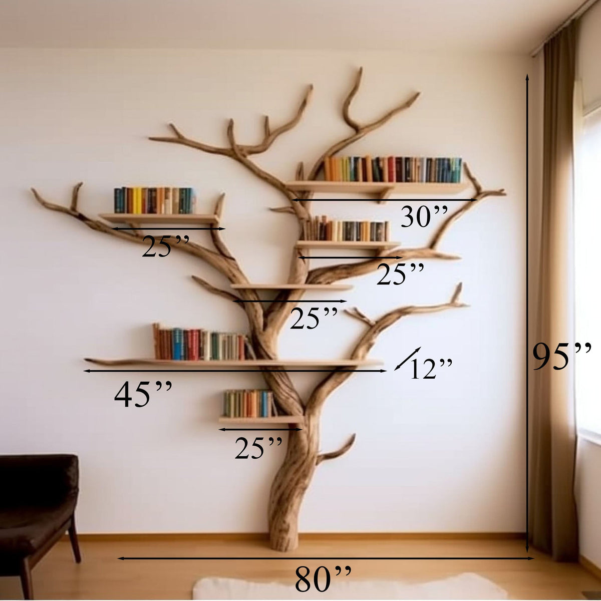 Elegant Wild Mulberry Tree Bookshelf Floating Shelves Live Edge, solid wood, built to order