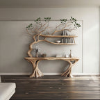 Console Narrow Table with Tree Branch Bookshelf, solid wood, built to order