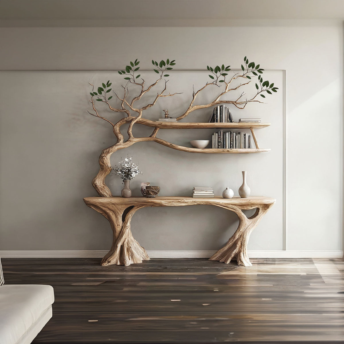 Console Narrow Table with Tree Branch Bookshelf, solid wood, built to order