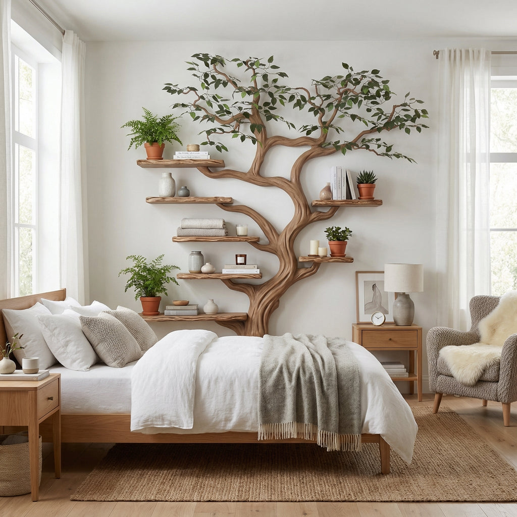 Black Tree Branch Bookshelf Wall Mount Mid Century, solid wood, built to order