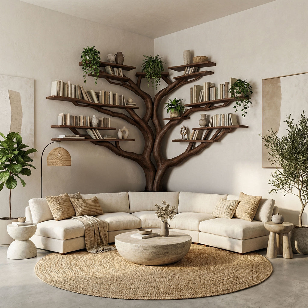 Tree Floating Corner Bookshelf with Corner Bench Lshaped, solid wood, built to order