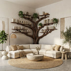 Tree Floating Corner Bookshelf with Corner Bench Lshaped, solid wood, built to order