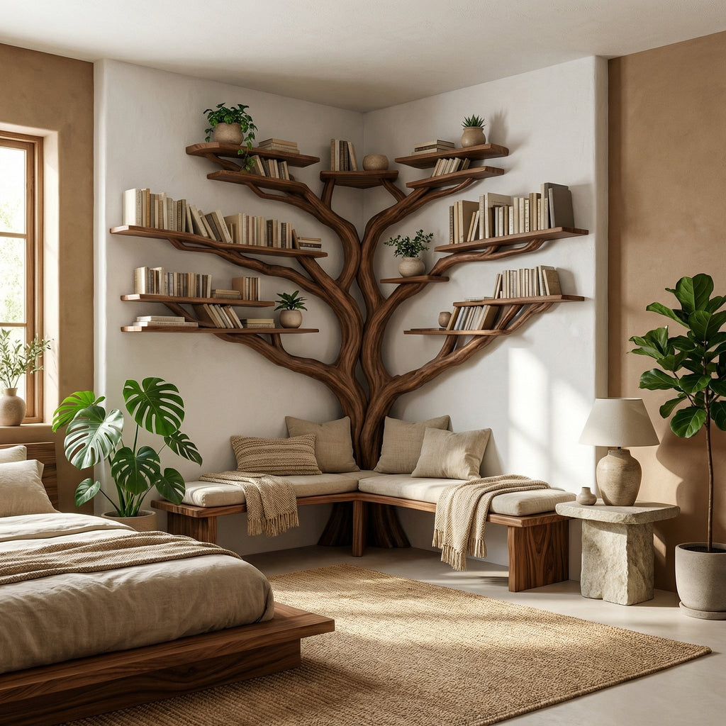 Tree Floating Corner Bookshelf with Corner Bench Lshaped, solid wood, built to order