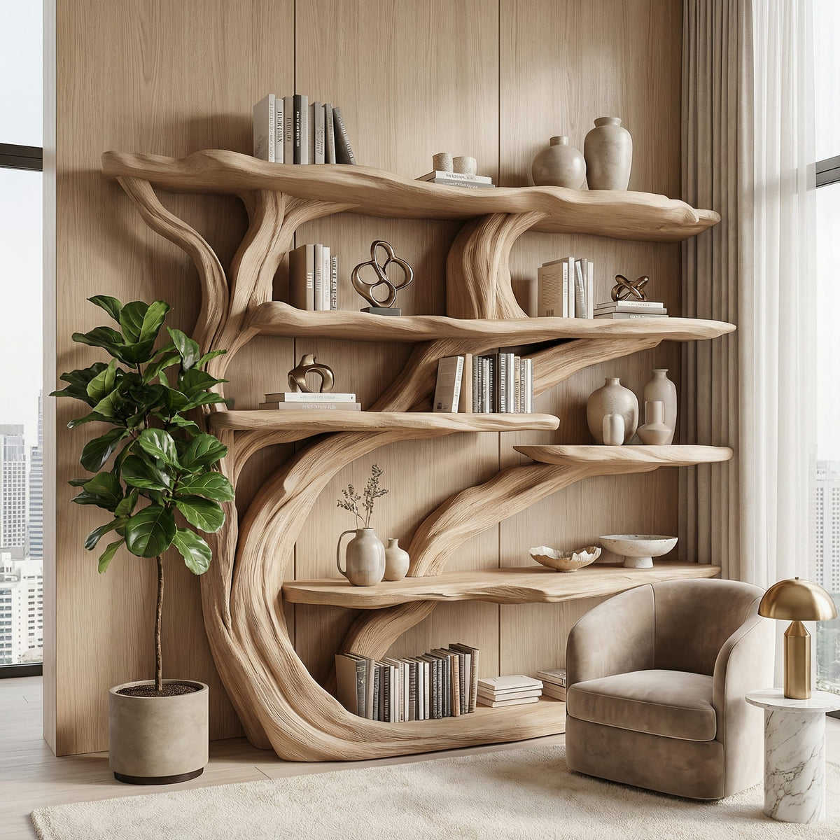 Rustic Book Tree Shelf Bookshelf, solid wood, built to order