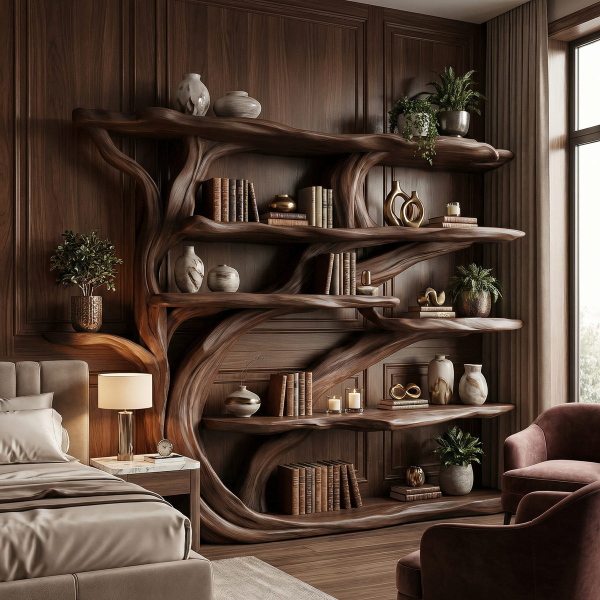 Rustic Book Tree Shelf Bookshelf, solid wood, built to order