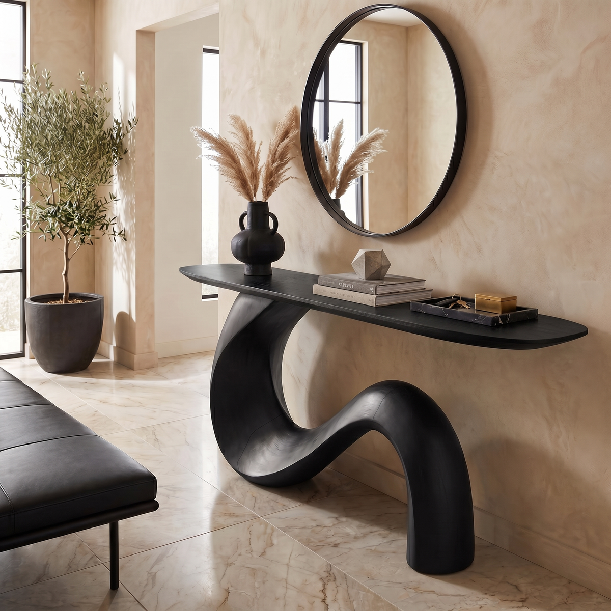 Midcentury Sculptural Console Table Entryway, solid wood, built to order, view 4
