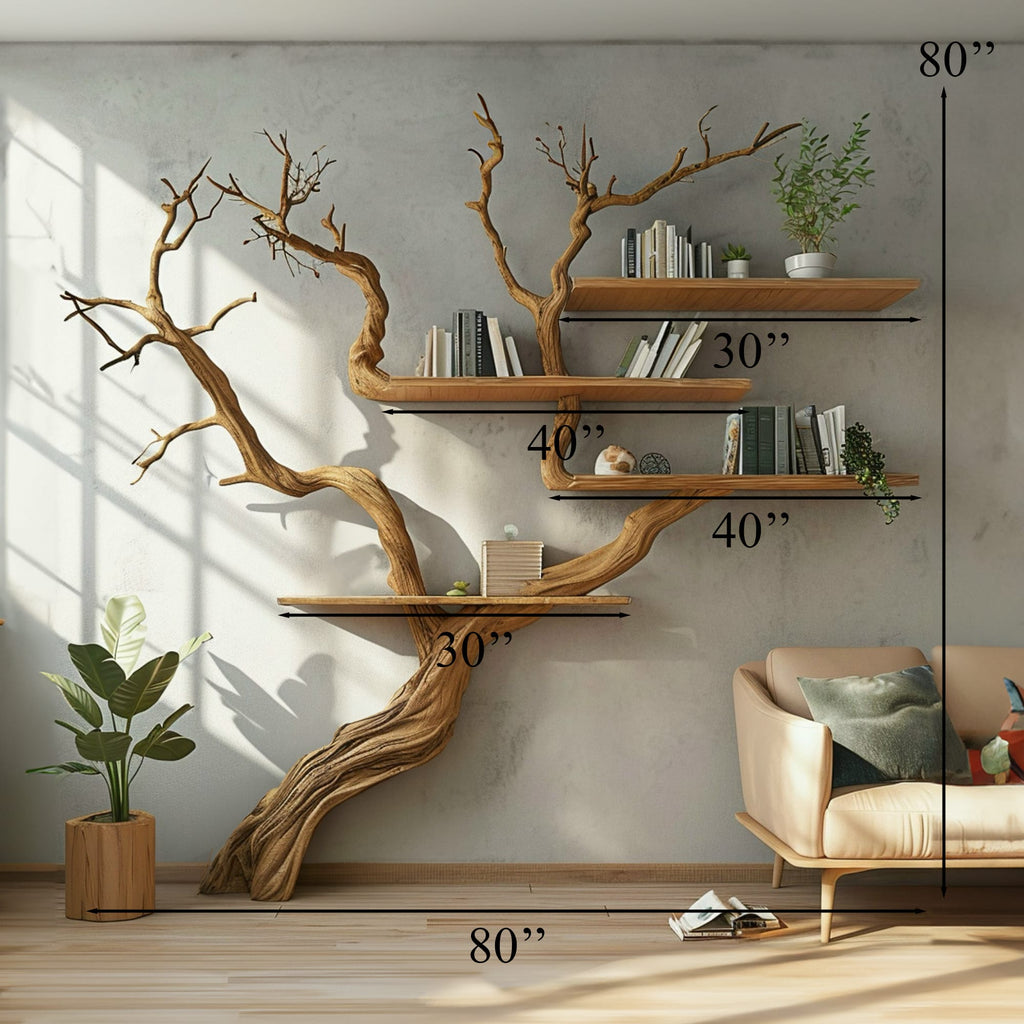 Tree Branch Shelf Wall Mount Bookshelf, solid wood, built to order