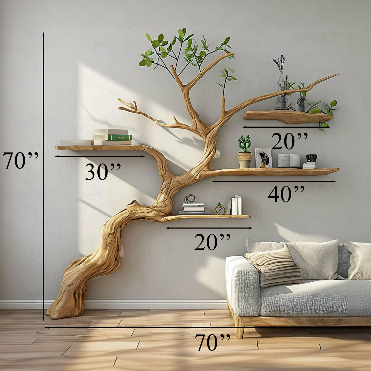 Tree Branch Floating Shelf Driftwood Bookshelf, solid wood, built to order