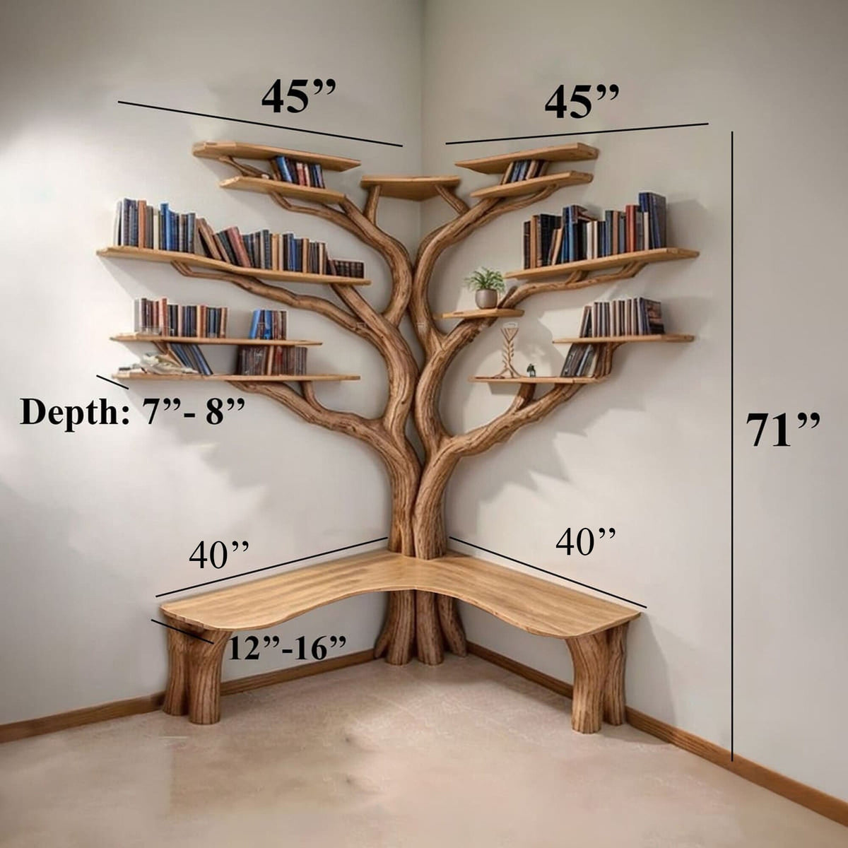 Tree Floating Corner Bookshelf with Corner Bench Lshaped, solid wood, built to order
