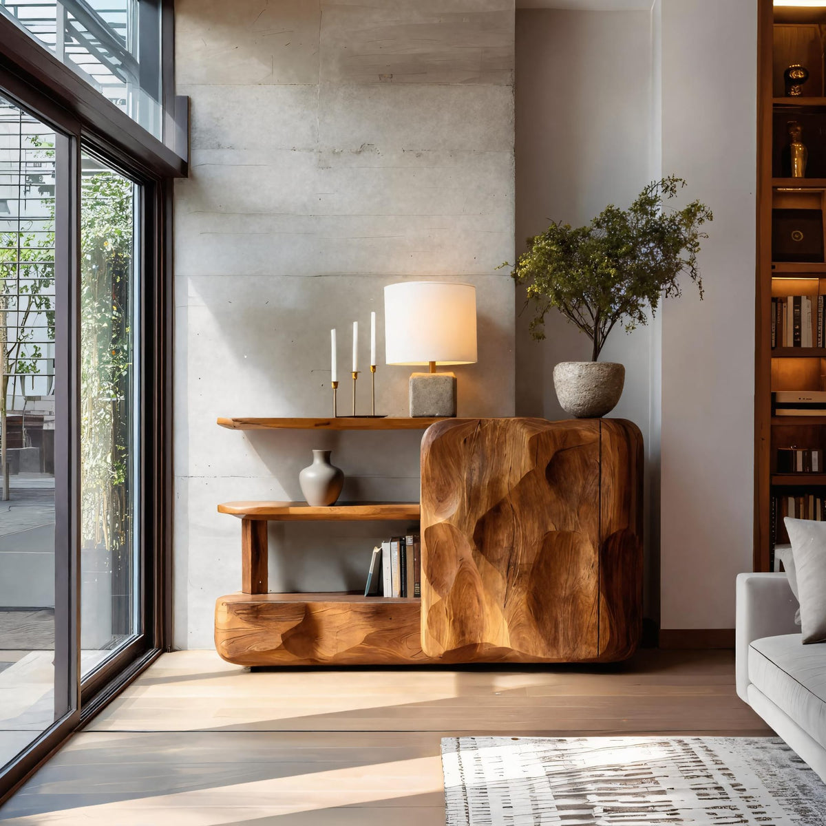 Artistic Sideboard with Cabinet and Shelves, solid wood, built to order