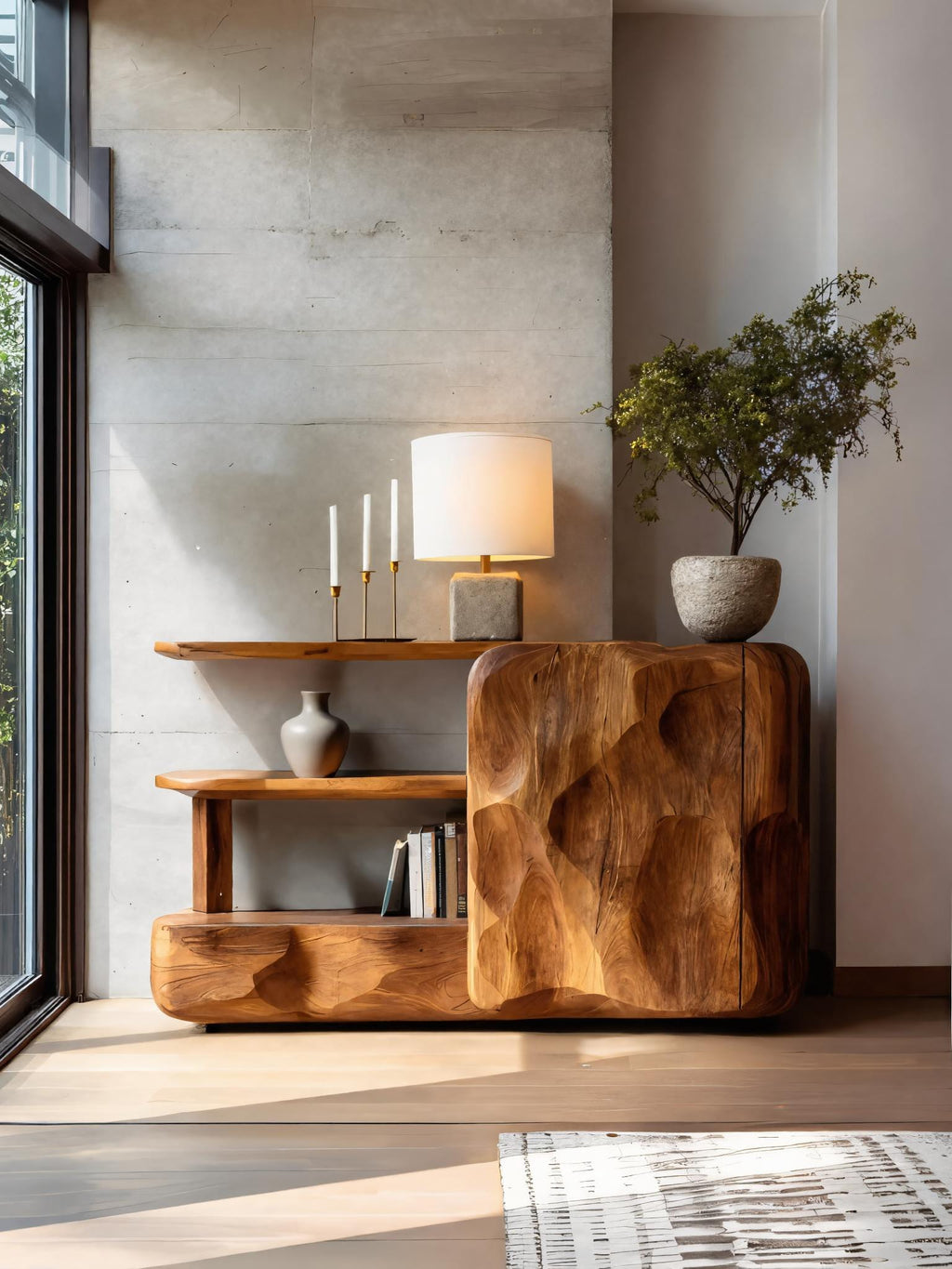 Artistic Sideboard with Cabinet and Shelves, solid wood, built to order