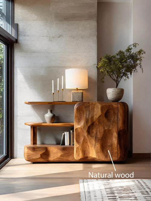 Artistic Sideboard with Cabinet and Shelves, solid wood, built to order
