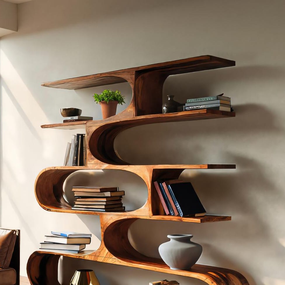 Artistic Curved Bookcase for Living Room Decor, solid wood bookcase