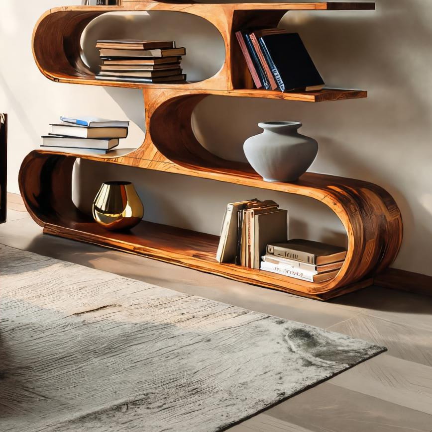 Artistic Curved Bookcase for Living Room Decor, solid wood bookcase