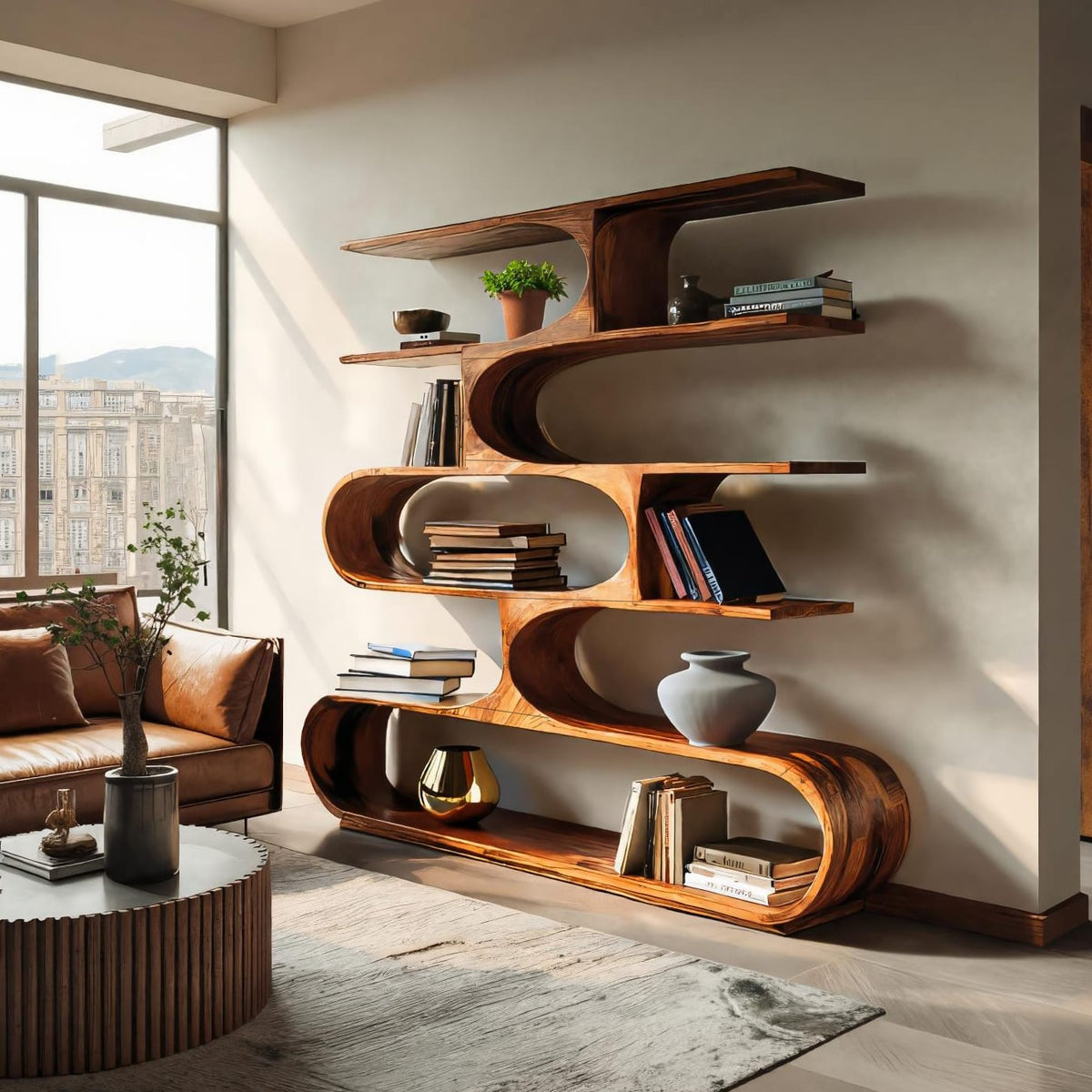 Artistic Curved Bookcase for Living Room Decor, solid wood bookcase