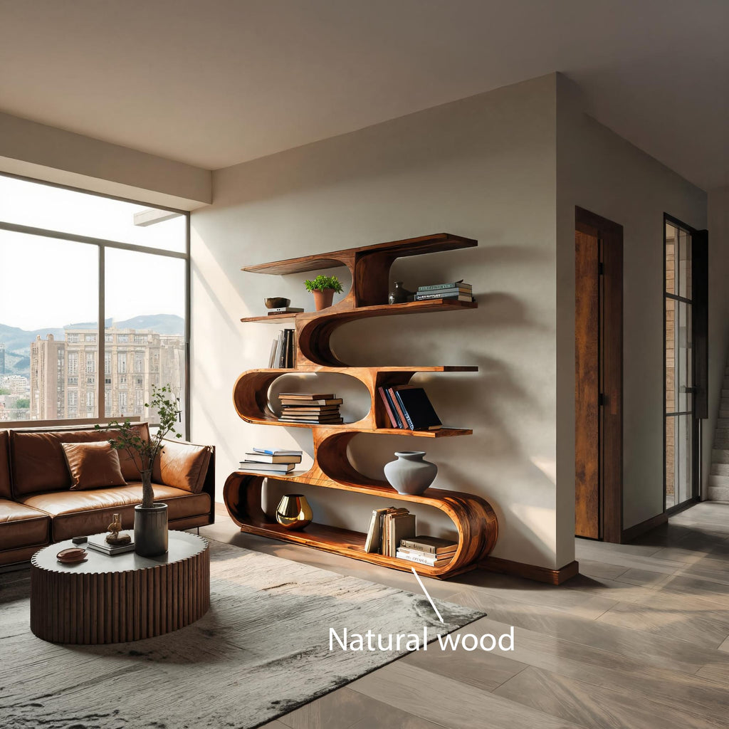 Artistic Curved Bookcase for Living Room Decor, solid wood bookcase
