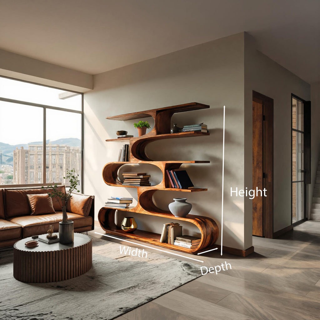 Artistic Curved Bookcase for Living Room Decor, solid wood bookcase