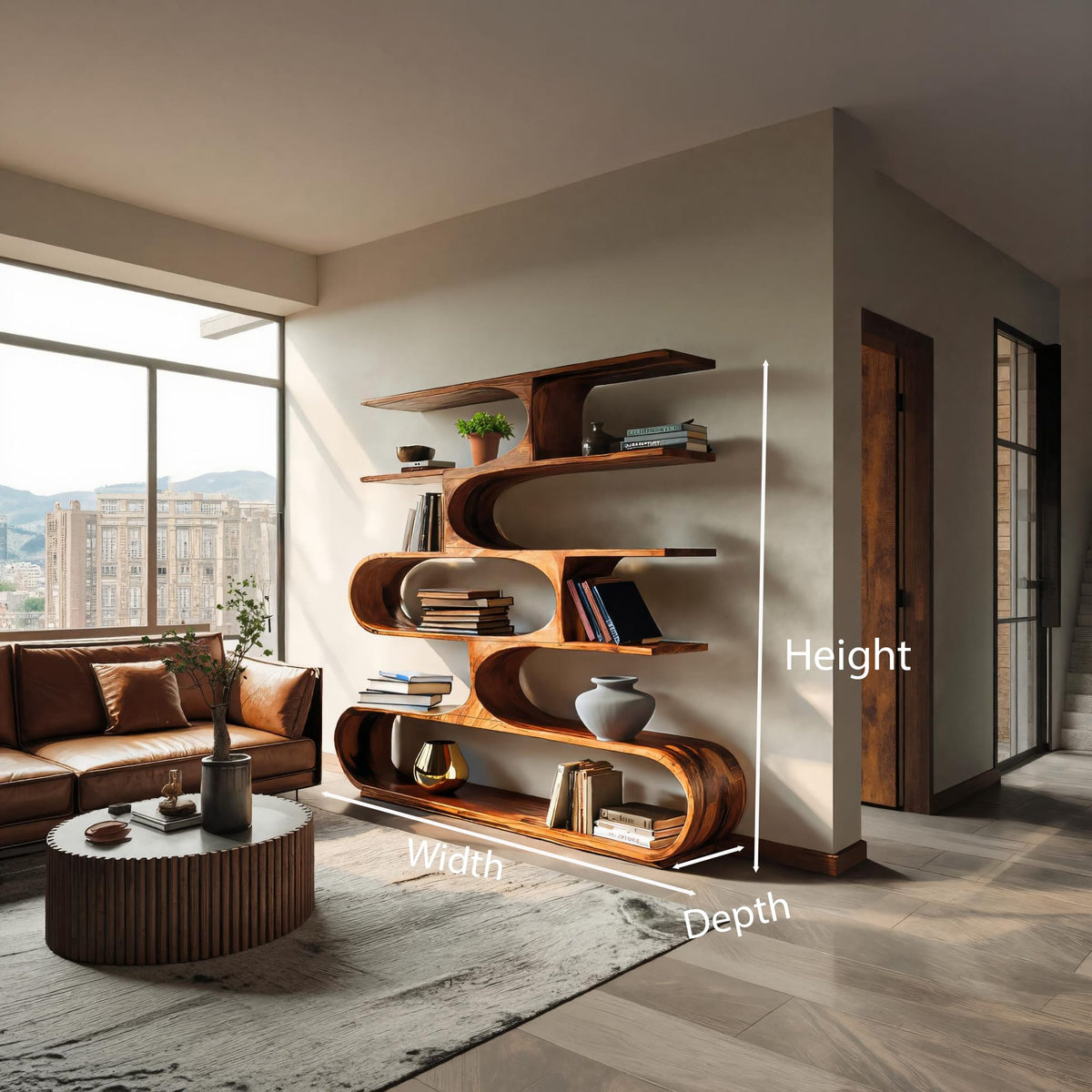 Artistic Curved Bookcase for Living Room Decor, solid wood bookcase