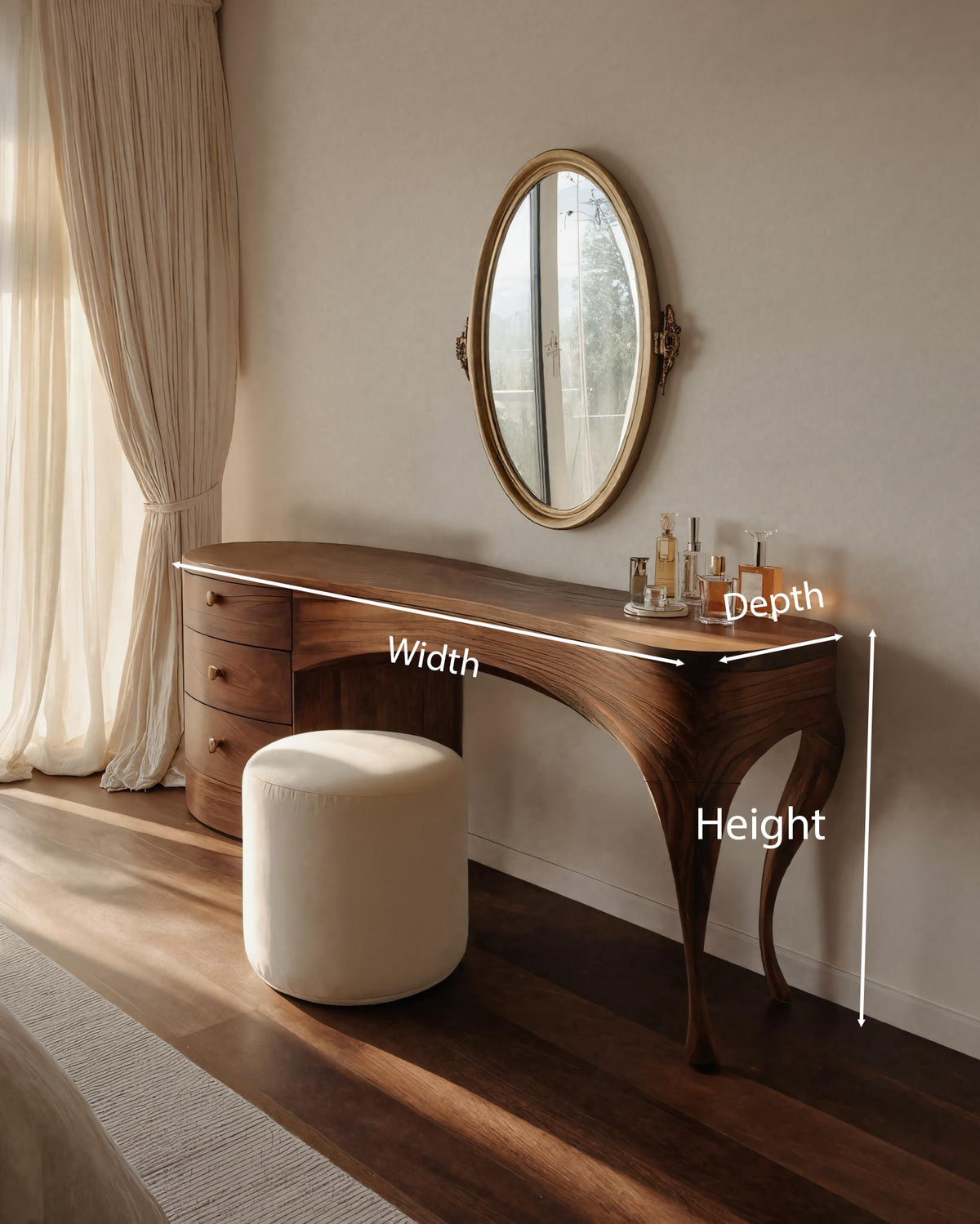 Handcrafted Vanity Table with Sculptural Legs, solid wood, built to order