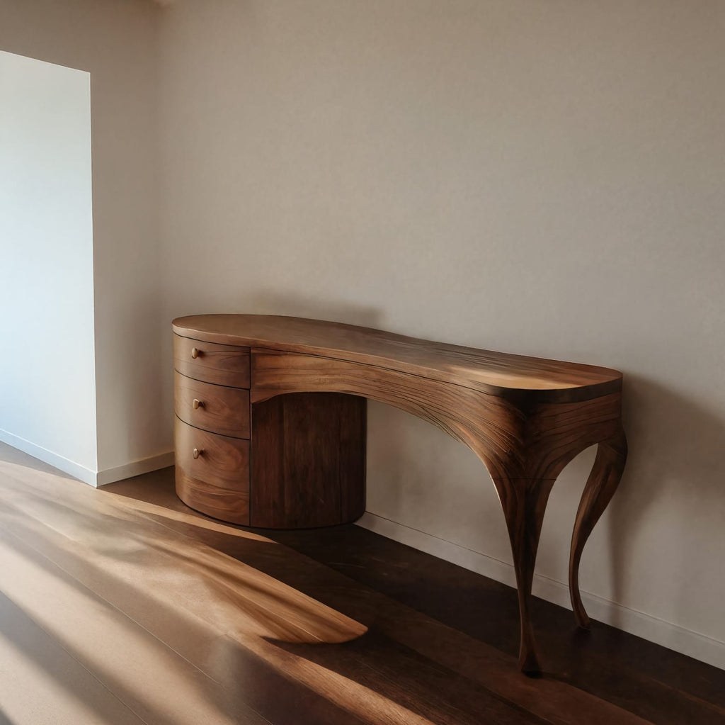 Handcrafted Vanity Table with Sculptural Legs, solid wood, built to order