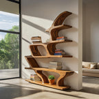 Modern Sculptural Bookshelf with Fluid Shelving for Living Room, solid wood bookcase